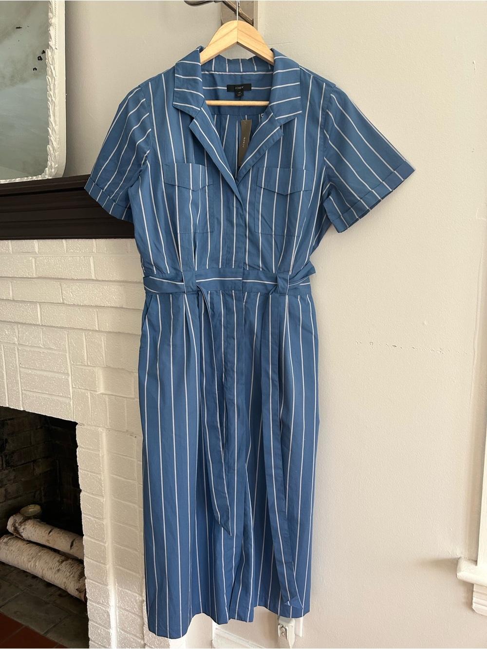 J. Crew Blue and White Vertical Stripe Midi Shirt Dress